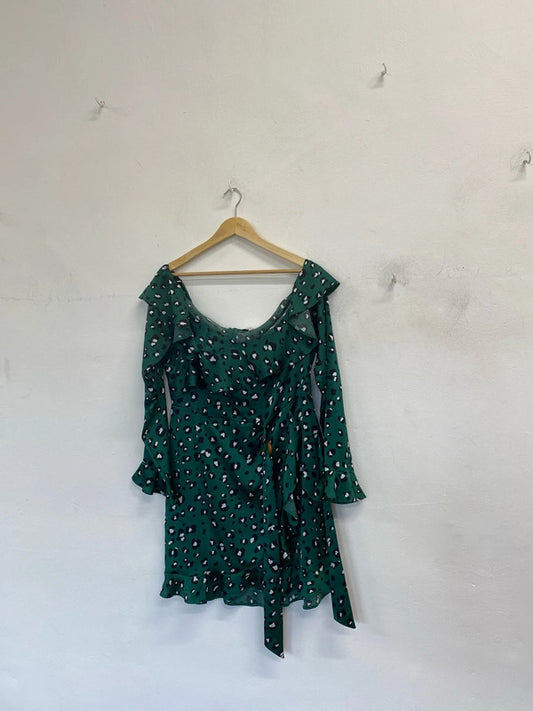 Stunning never fully dressed frill Mini dress Green leopard UK L LG006