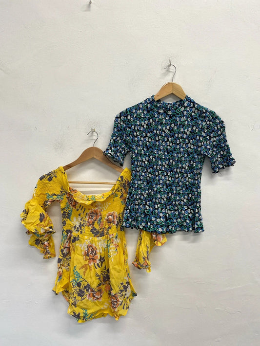 Lovely duo of river island floral blue yellow summer tops Bardot UK S #2 KM004