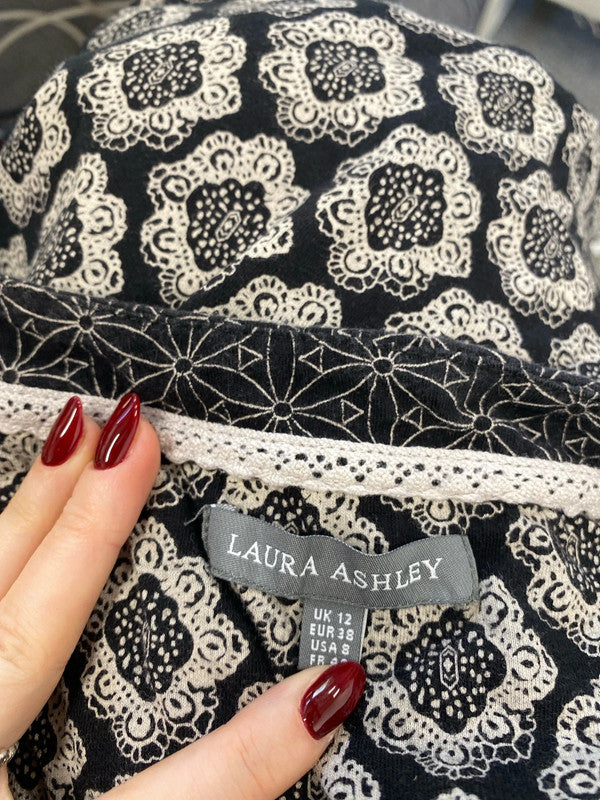 Stunning Laura Ashley black white tie waist tunic top ethnic vibes UK 12 AG005