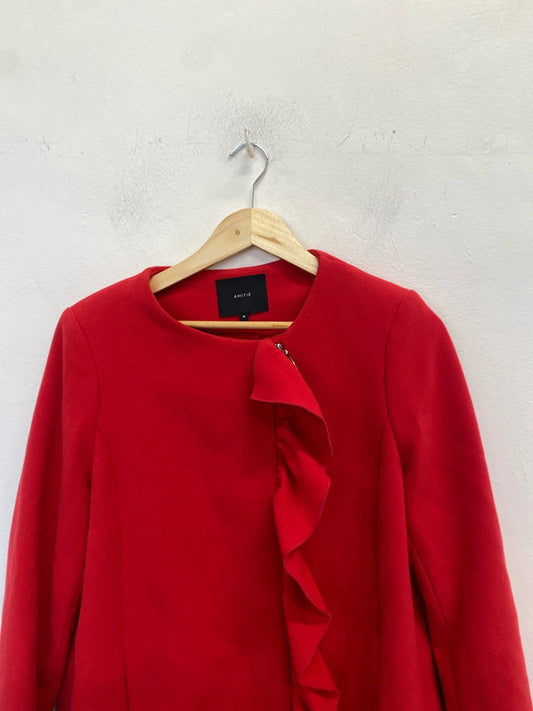 Lovely amitie red frill zip midi coat UK M MW001