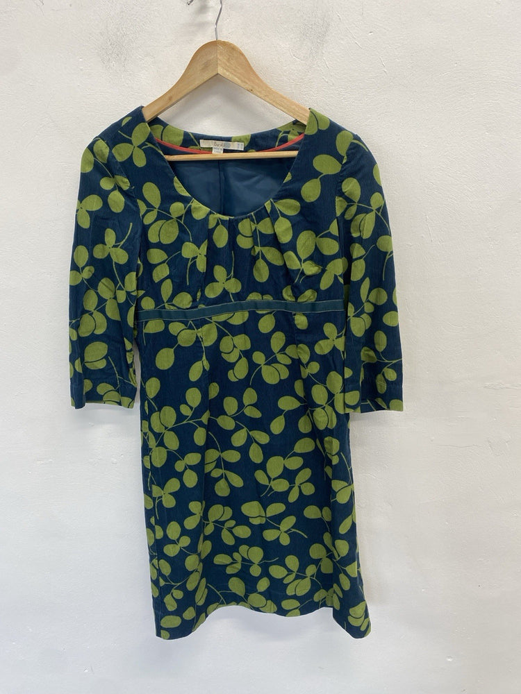 Lovely Boden Blue Green Leaf Print Cord dress UK 8L MM005