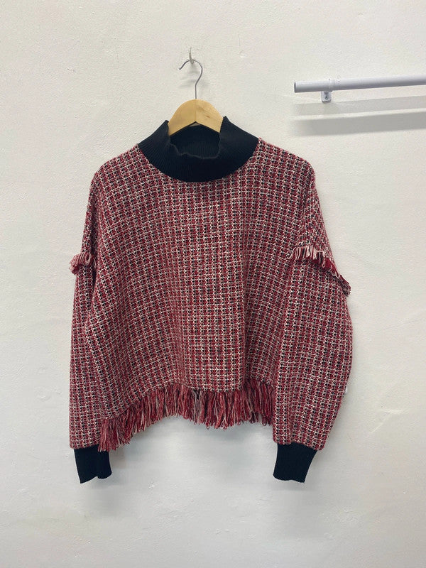 Fabulous Zara Boucle detail fringed high neck swing jumper UkM JB001