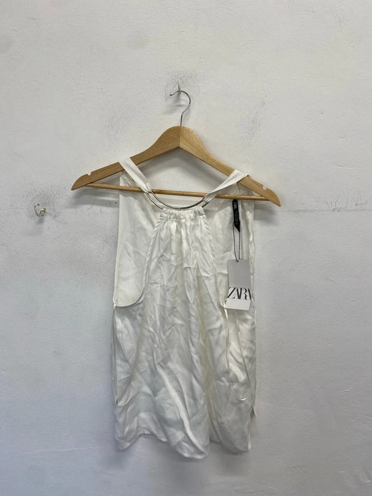 Lovely Zara Halterneck silver neck band white top new UK S JM005