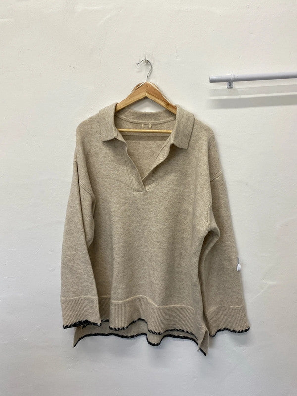 Fabulous oversized tunic jumper dress UkL cream black details LG006