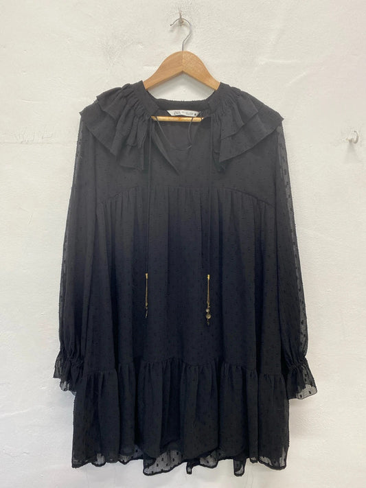 Zara Boho Black Dotted Swing Dress Size L AE001