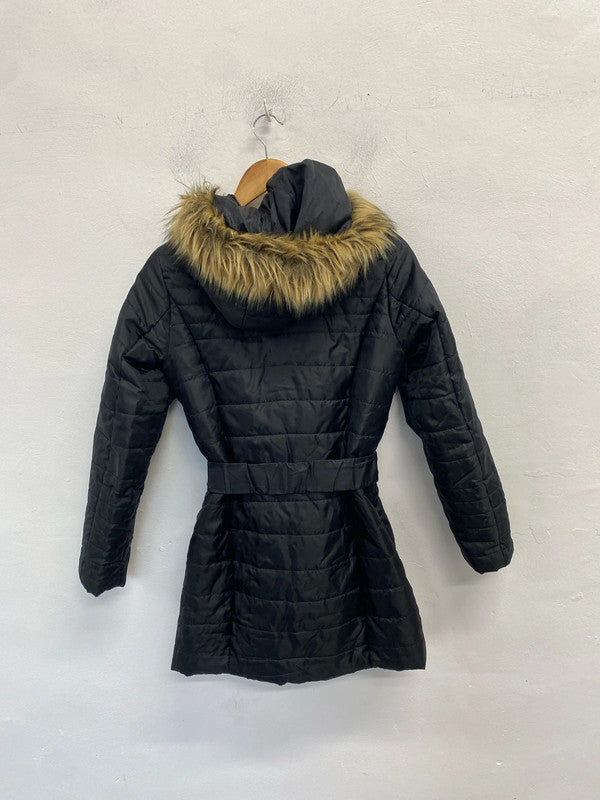 Lovely Vero Moda black puffer belted hooded faux fur midi jacket UK S JH001