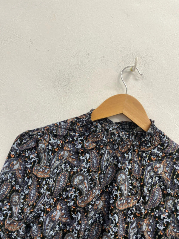 Lovely oasis navy swirl vintage look pattern long sleeve top UK S KM004