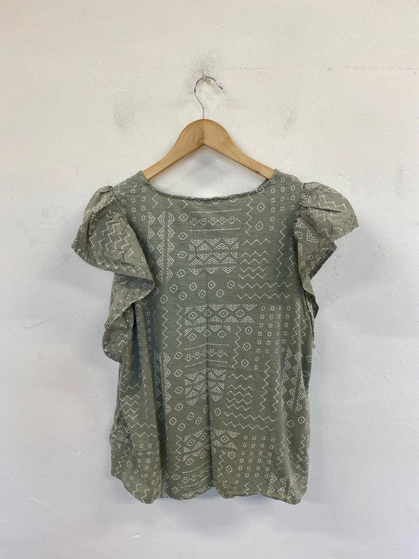 M&S Chic Grey Green Geometric Aztec Pattern Blouse UK 18 KN002