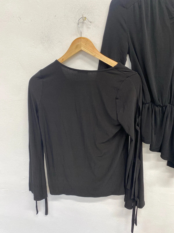Stunning duo black long sleeve river island top ruched UK S #4 KM004