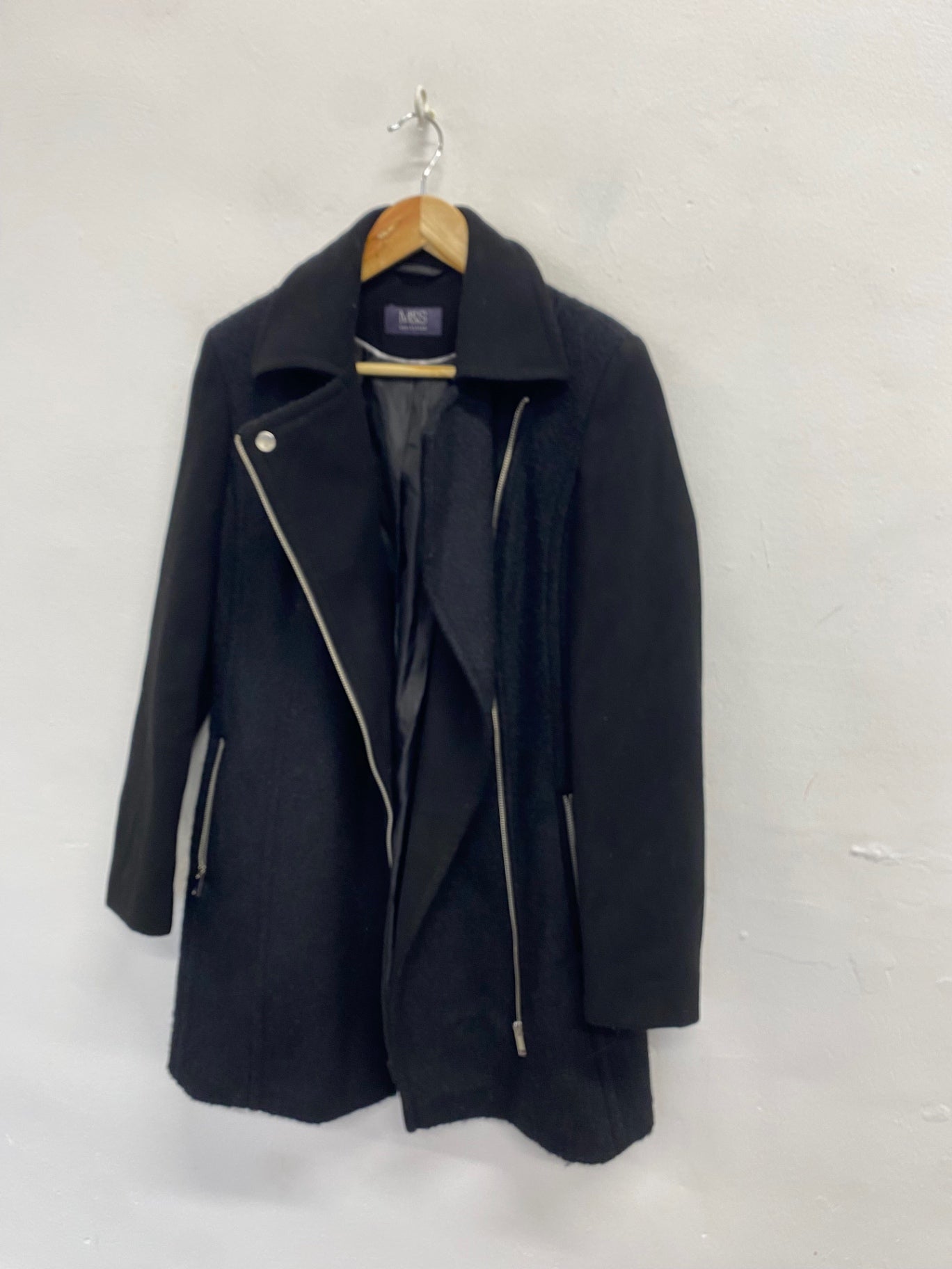 Fabulous Marks & Spencers Aviator jacket Uk 8 Black wool blend KC528