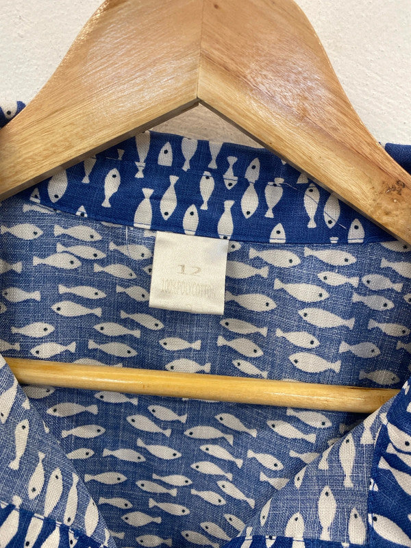 Unbranded Preppy Blue Fish Pattern Belted Mini Dress UK 12 EL001