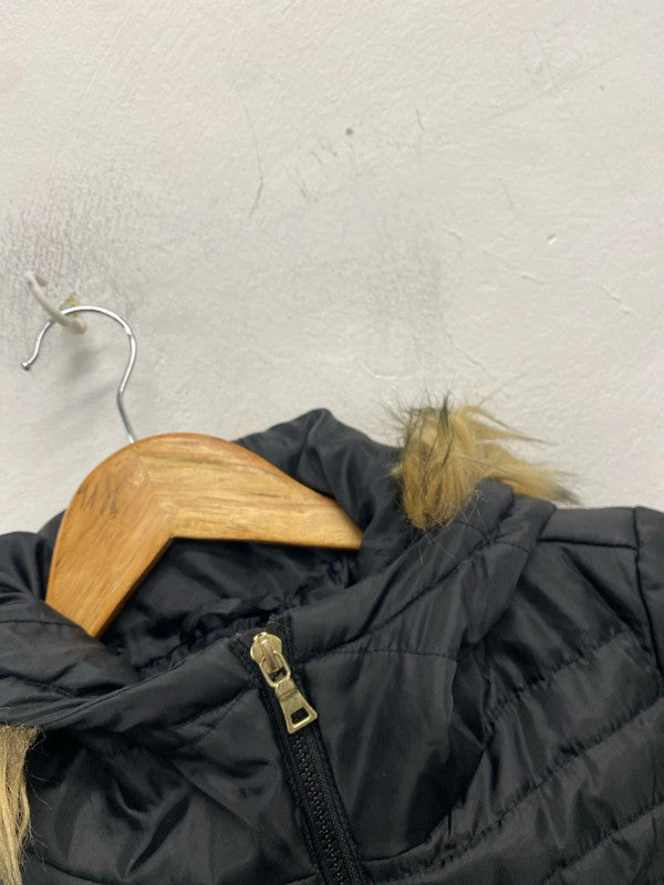 Lovely Vero Moda black puffer belted hooded faux fur midi jacket UK S JH001