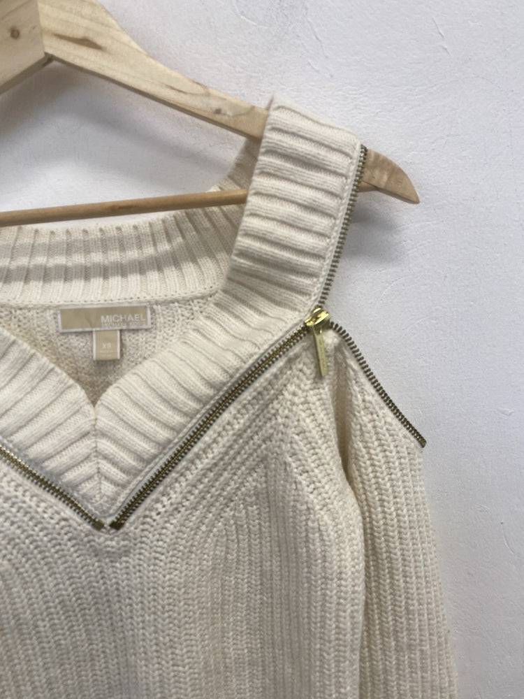 Lovely Michael Kors Cream Ribbed Zip Off The Shoulder Top UK XS JM008