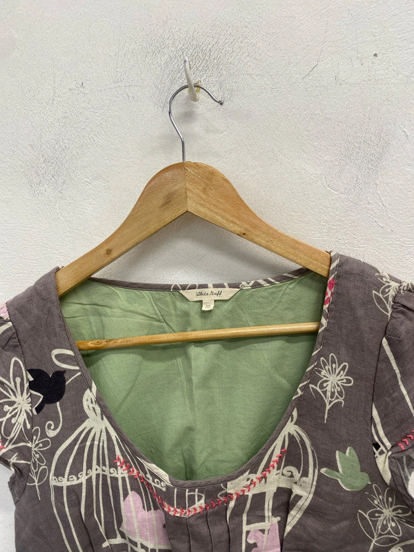 Lovely white stuff grey green bird linen dress UK 10 MM005