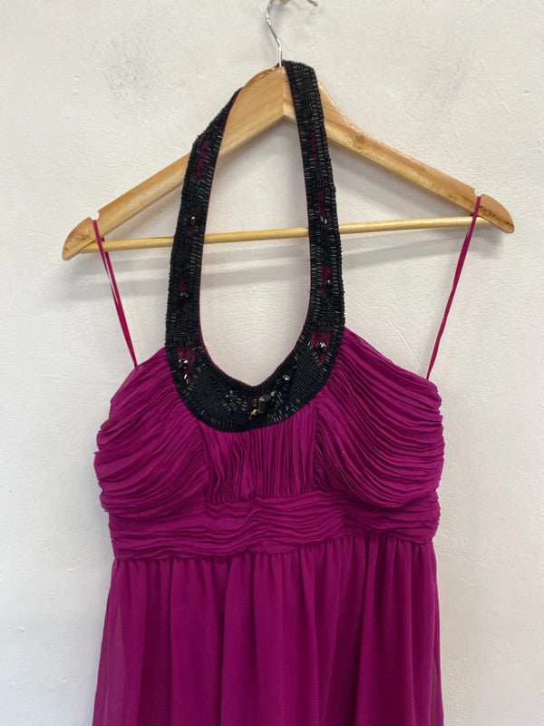 Mikael Aghal Womens Beaded Pleated Halter Neck Mini Gown Fuschia UK 10 KN003