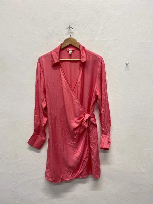 Lovely Zara pink wrap tie low neck collar mini dress pink UK M KS002