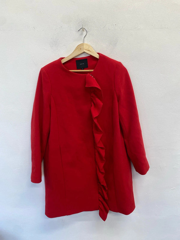 Lovely amitie red frill zip midi coat UK M MW001