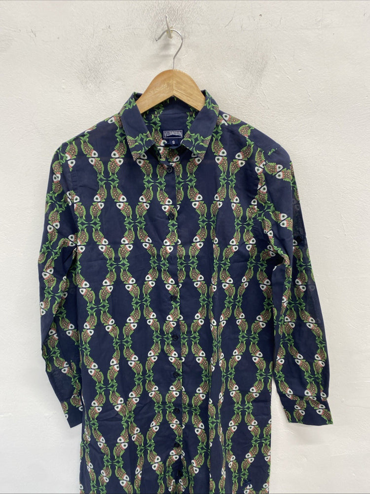 Gorgeous Vilebrequin Florence Peacock Print Navy Shirt Dress UK S AE001