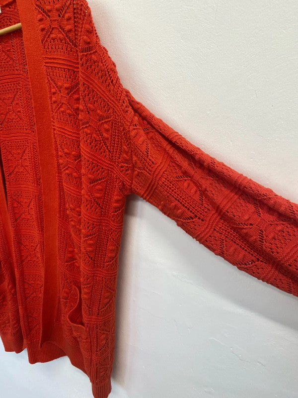 Fabulous Tangerine Red crochet knit cardigan UkL 14-16 super soft LG004