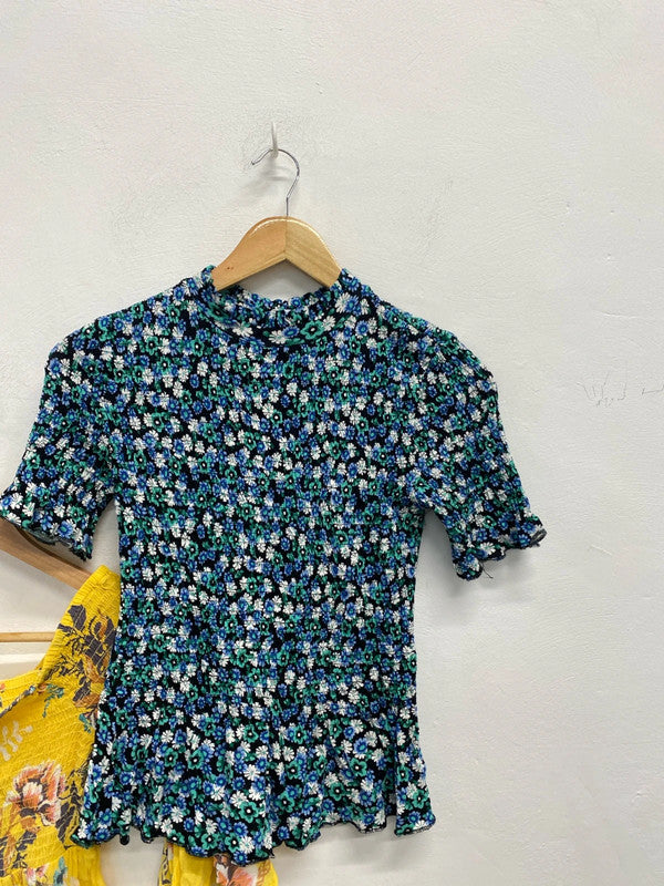 Lovely duo of river island floral blue yellow summer tops Bardot UK S #2 KM004