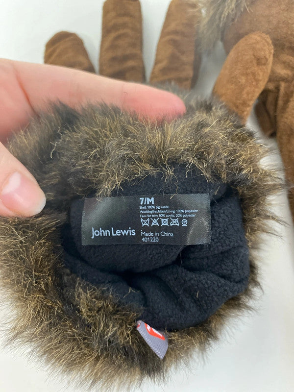 John Lewis Chic Chocolate Brown Faux Fur Suede Gloves Size M JA002
