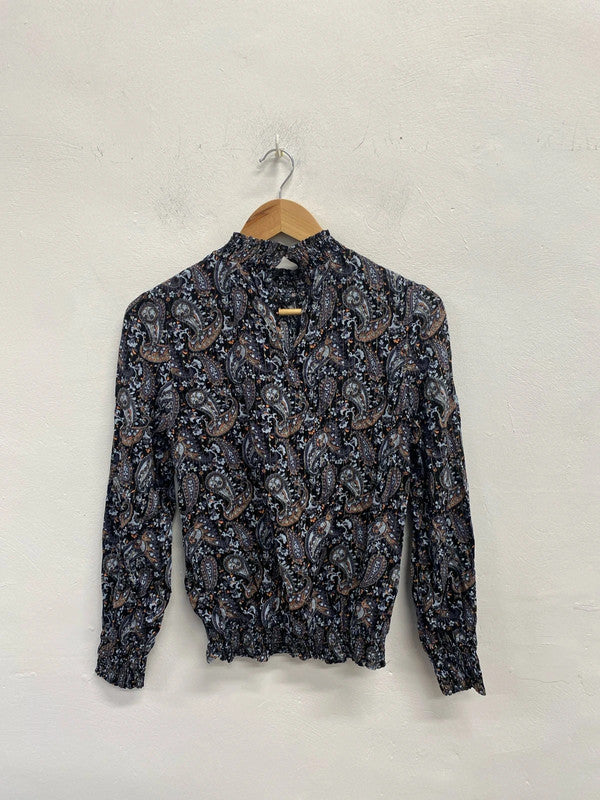 Lovely oasis navy swirl vintage look pattern long sleeve top UK S KM004