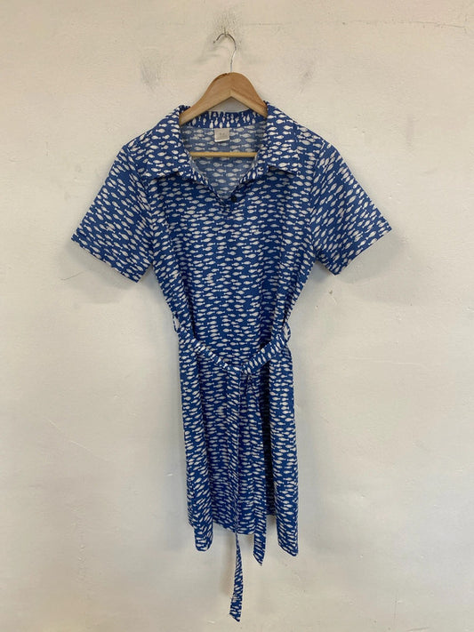 Unbranded Preppy Blue Fish Pattern Belted Mini Dress UK 12 EL001