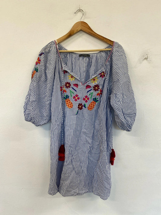 Primark Fabulous Blue & White Embroidered Tassel Accent Smock Top Size M IM001