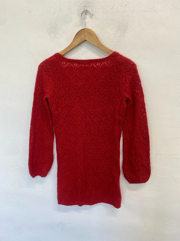 Lovely papaya lambs wool blend red broderie longline jumper UK 10 MM005