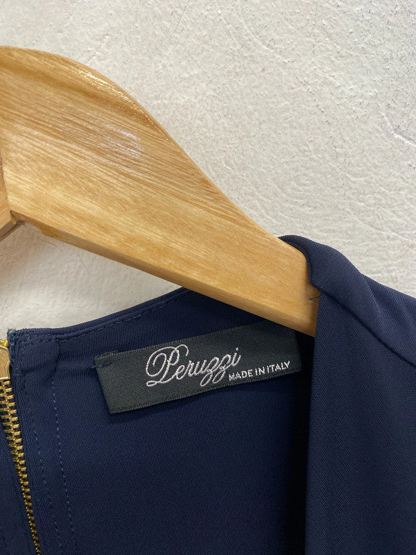 Gorgeous leruggi new navy drape shoulder midi dress UK 14 AE001