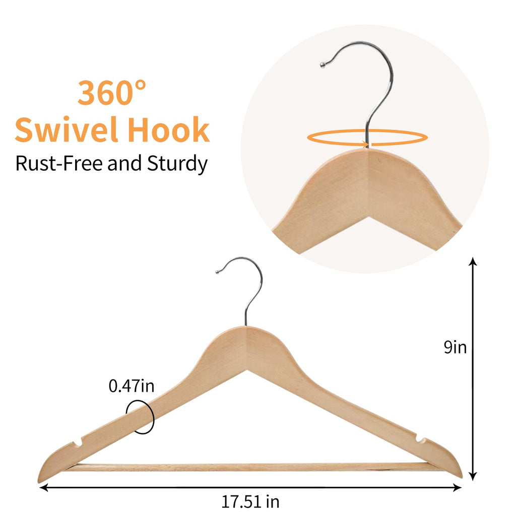 REQUISITE NEEDS Wooden Coat Hangers 40 Pack With 360 Degree Rotatory Hook Strong Shoulder Notches Wardrobe Wooden Garments Hangers Made By Natural Wood and Non-Slip Trouser bar (Pack of 40)