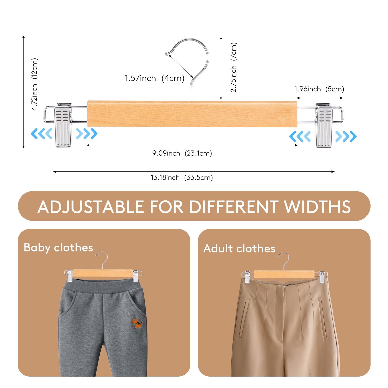 34cm Wooden Trouser Hangers with Clips, 10Pack Heavy Duty Wood Skirt Hangers, Space Saving Clothes Hangers for Shorts,Pants,Trousers,Anti-Slip (10)