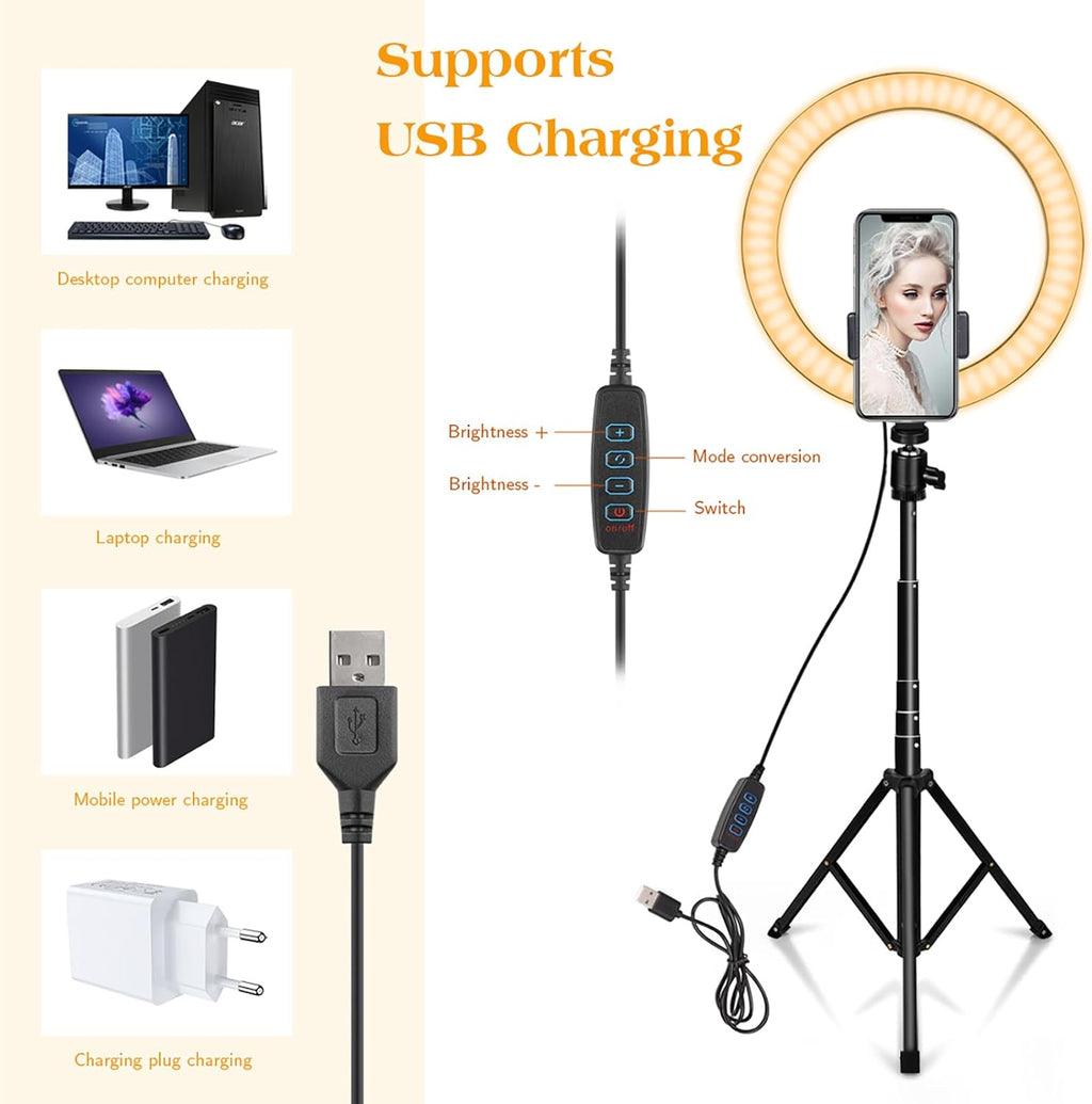 10" Ring Light with Tall Tripod Stand & Phone Holder for YouTube Video, Dimmable Led Ring Light with Remote for Camera, Video, Makeup, Selfie Photography Compatible with Smartphone