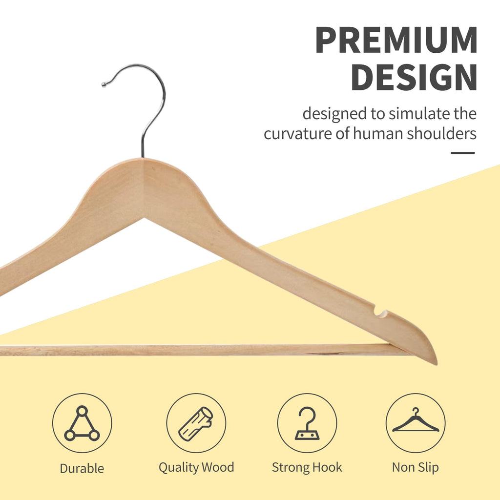 REQUISITE NEEDS Wooden Coat Hangers 40 Pack With 360 Degree Rotatory Hook Strong Shoulder Notches Wardrobe Wooden Garments Hangers Made By Natural Wood and Non-Slip Trouser bar (Pack of 40)