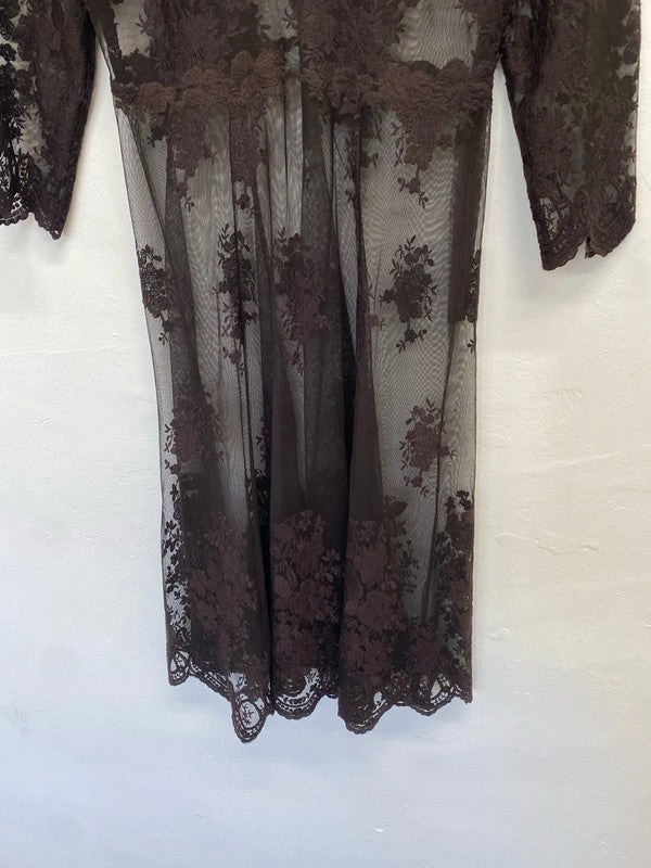 Stunning brown lace sheer sexy dress midi no brand UK L LW005