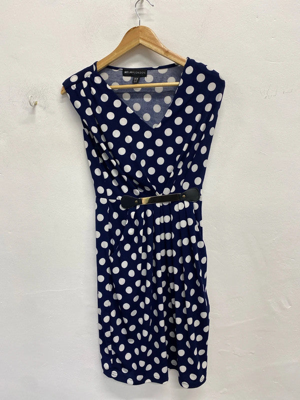 Lovely mela London navy polka dot mini dress with gold belt detail UK 10 JA002