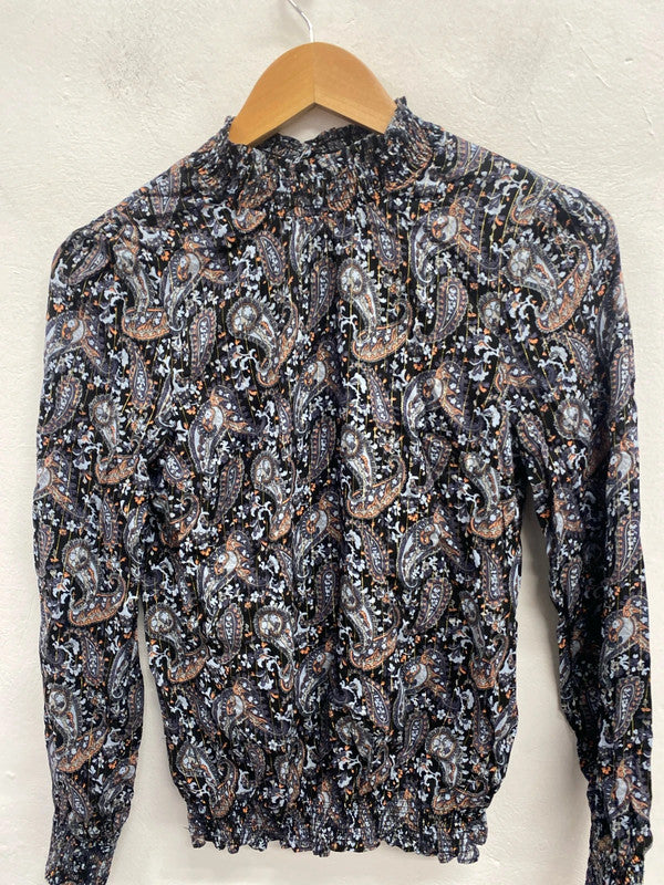 Lovely oasis navy swirl vintage look pattern long sleeve top UK S KM004