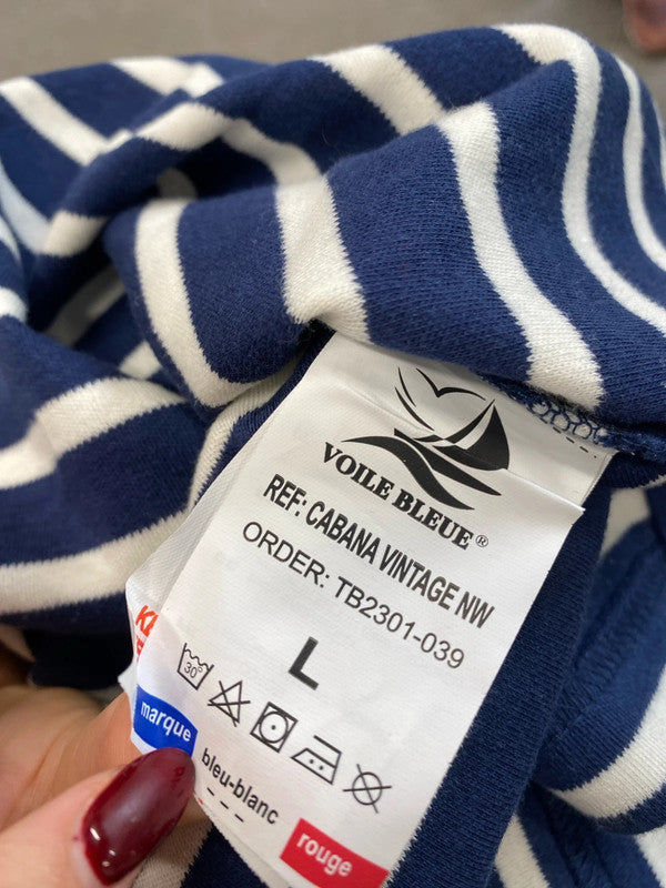 Lovely voile bleue navy white stripe jumper UK L MM005