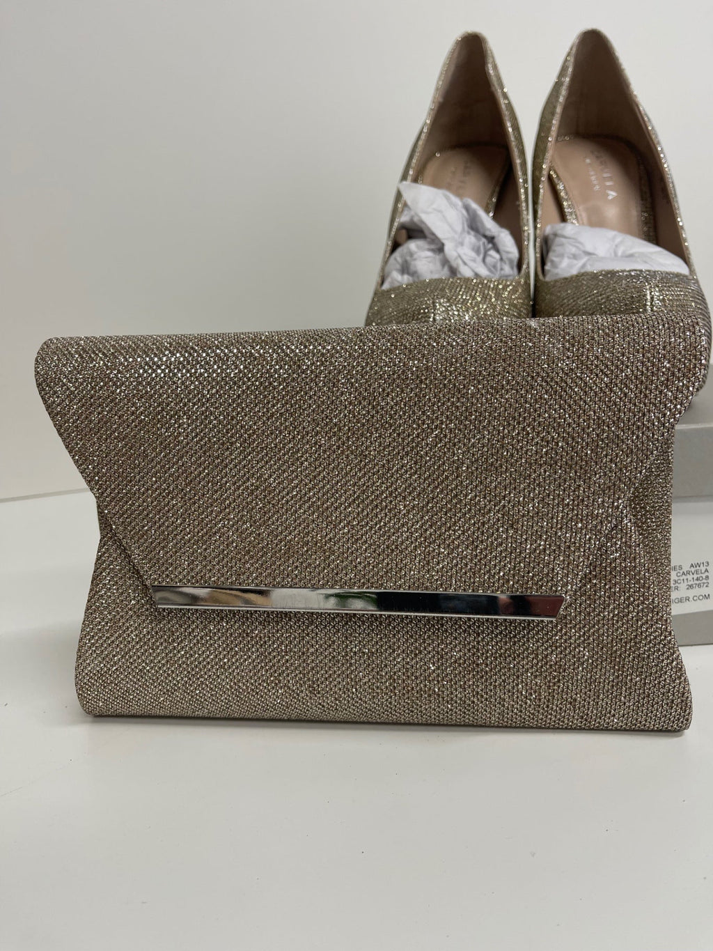 Stunning Carvela Kaci glitter  Heels & clutch bag  UK5 Bronze PP546