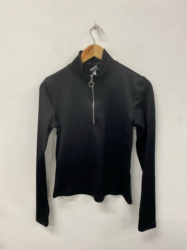 H&M Chic Black Ribbed High Neck Top Size M KS002