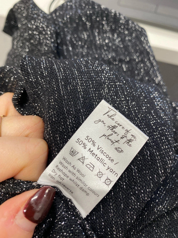 Stunning dancing leopard black metallic yarn long sleeve midi dress plat UK 10 KS002