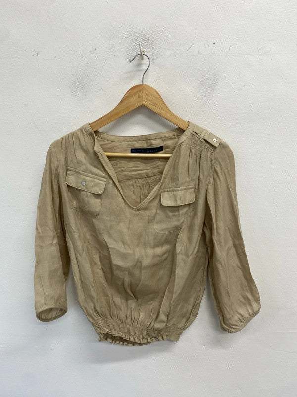 Lovely Zara beige pocket blouse top UK S AE001
