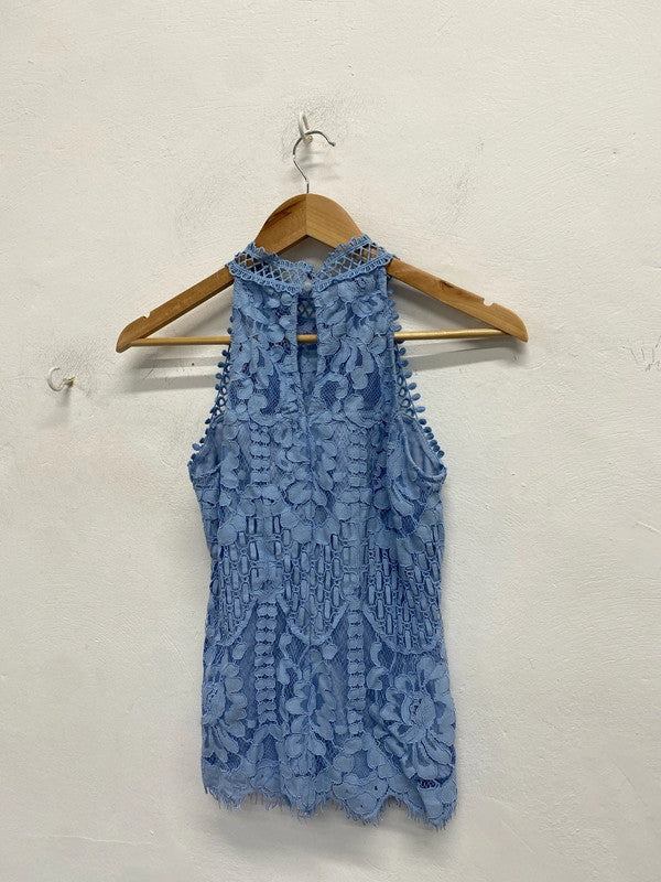 Stunning lipsy London blue lace Halterneck top UK 8 KM004