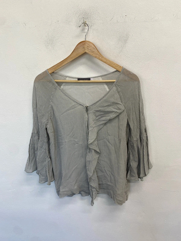 Lovely mint velvet grey striped frill semi sheer blouse UK 8 AG005