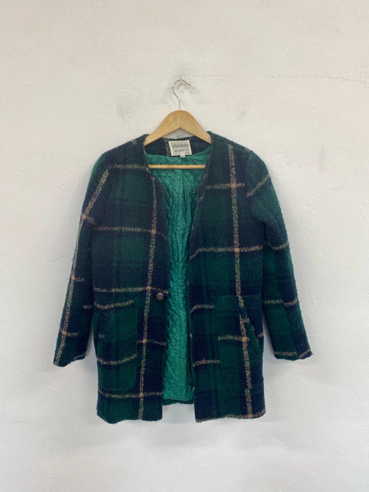 Graffiti Style Elegant Green Tartan Check Fleece Jacket Size S MS002