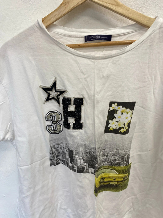 Lovely mango white printed sparkle tshirt voileta uk XXL LK006