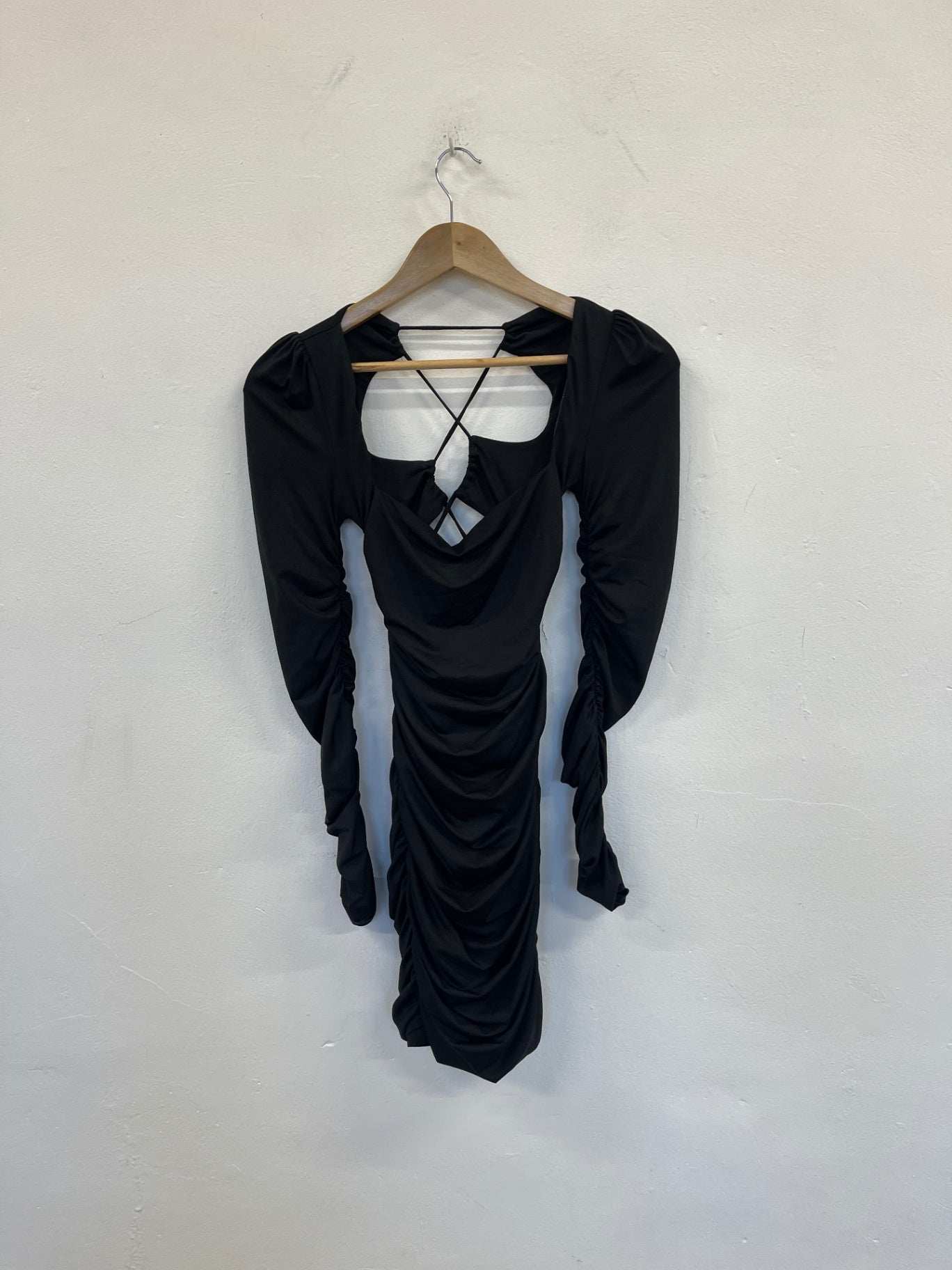 Fabulous Oh Polly ruched mini party Dress Uk10 Black Backless SA514