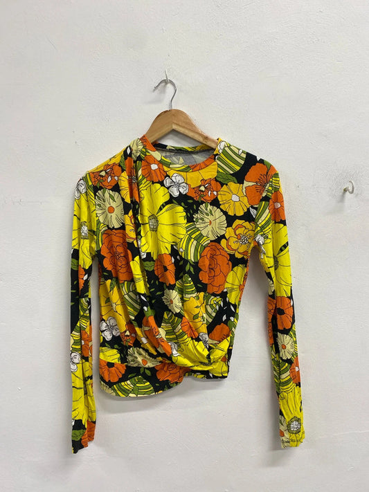 Stunning Zara trafaluc funky floral yellow orange ruched top UK S NS003