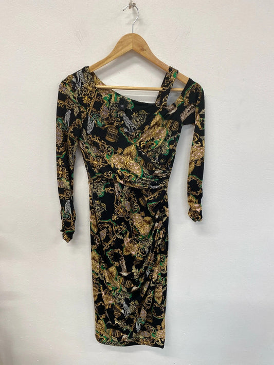 River Island Chic Black Asymmetric Ornate Pattern Midi Dress UK 8 KM004