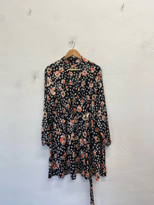 Gorgeous very black multicolour floral tie front dress UK 18 MD002